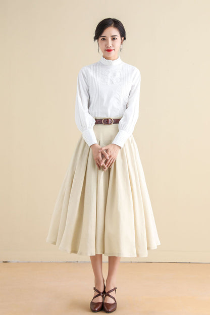 Beige Linen Pleated Midi Skirt - High Waist, Elegant Flowy Silhouette 2797