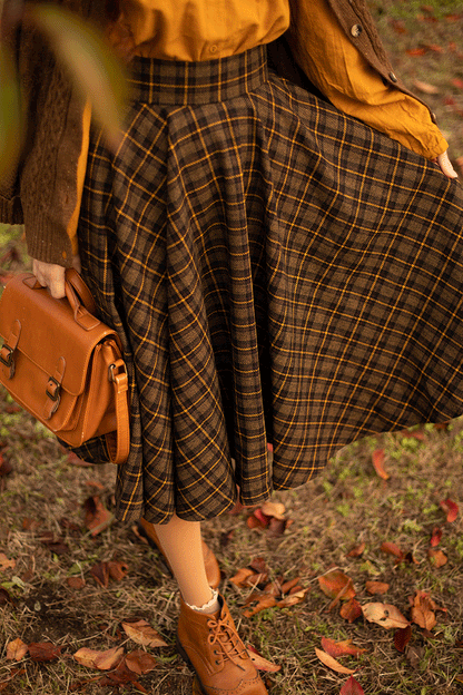 Brown Wool Midi Circle Skirt - Pleated, High Waist Elegance 4733