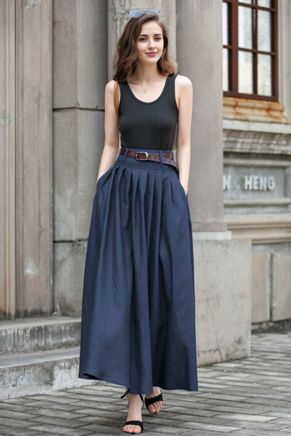 Cotton Pleated Maxi Skirt - Pockets A-Line | Xiaolizi 5780