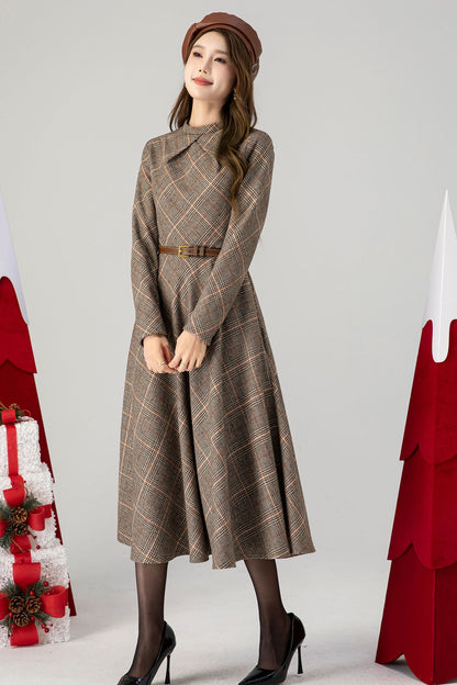 Handmade Wool Plaid Dress – Elegant Bow Tie Long Sleeve Midi | Xiaolizi 5265