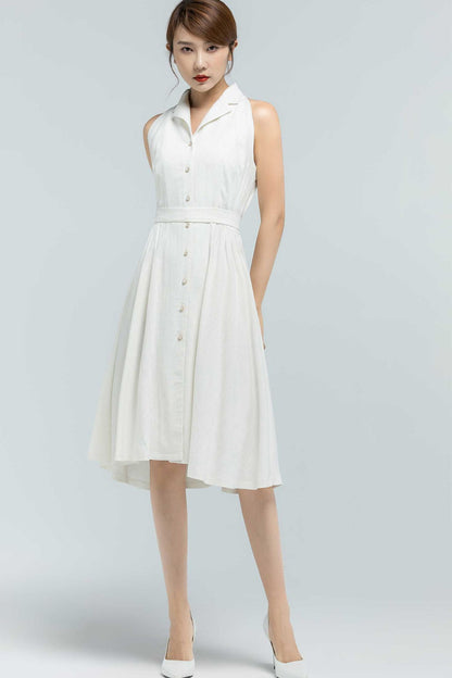 White Linen Shirt Dress - Sleeveless Fit and Flare Knee-Length 2378