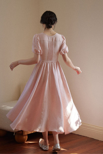 Pink Linen Midi Dress - Fit and Flare, Button Closure HY0037