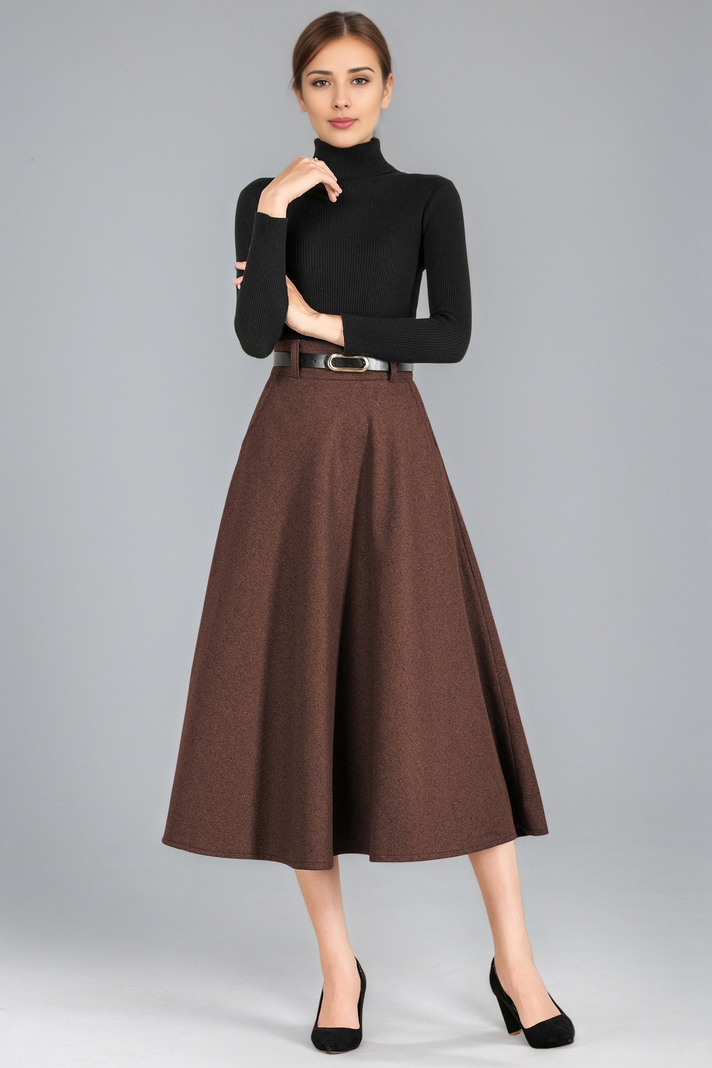 Xiaolizi Handmade Wool Midi Skirt – Vintage High Waist A-Line Winter Skirt 6355
