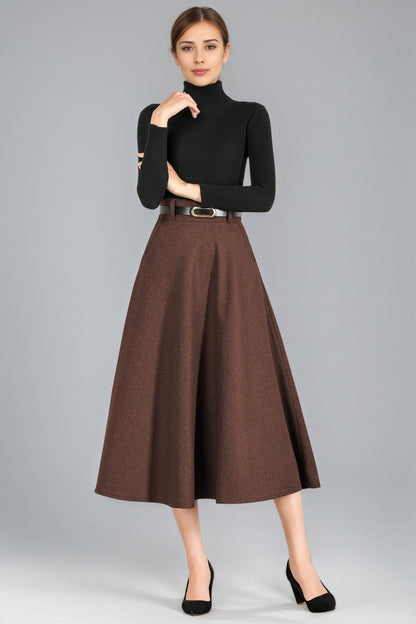 Xiaolizi Handmade Wool Midi Skirt – Vintage High Waist A-Line Winter Skirt 6355