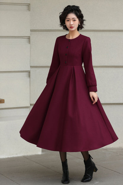 Burgundy Handmade Wool Midi Dress – Vintage Long Sleeve Winter Style 6618