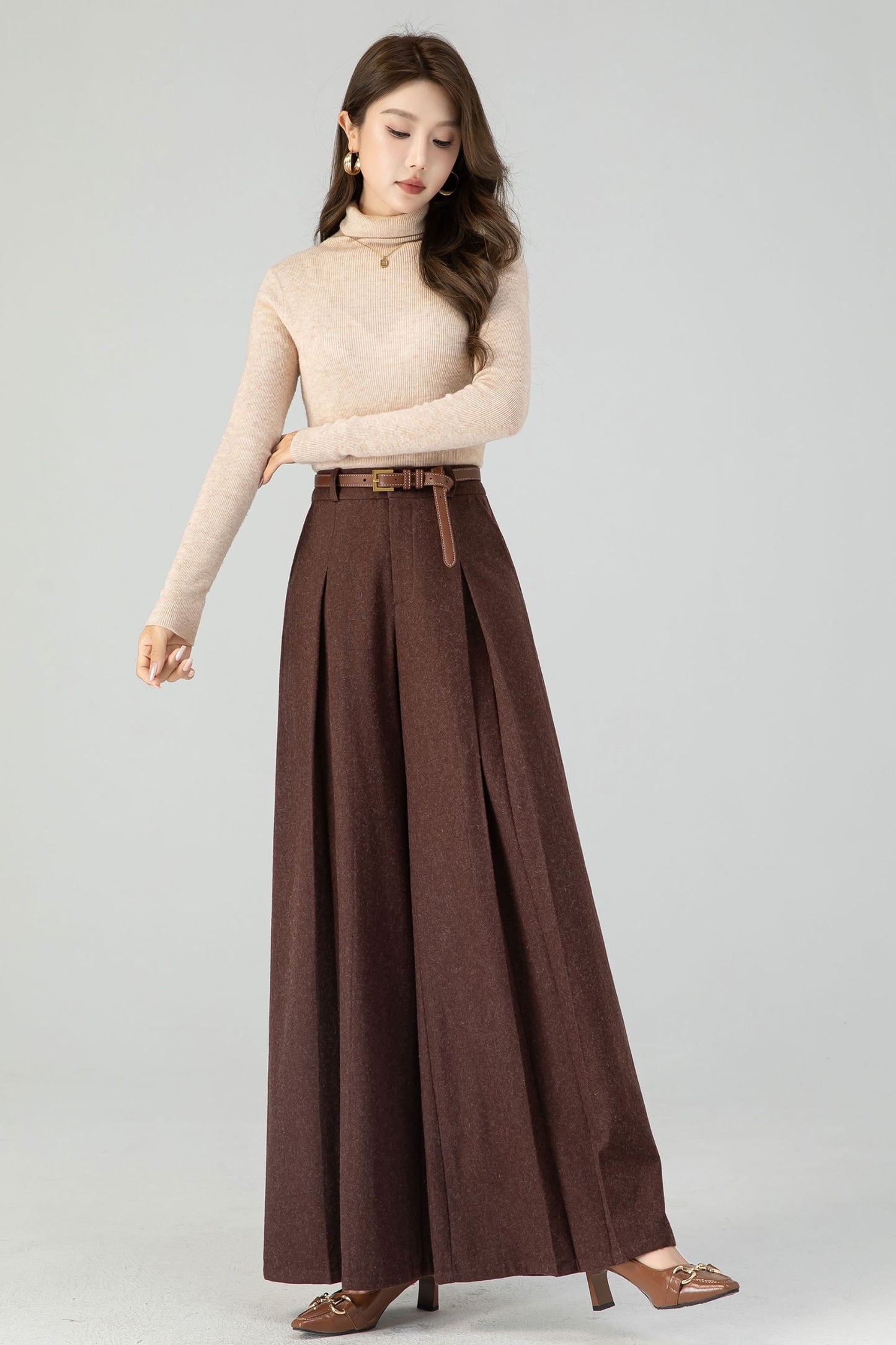 Brown wide leg long wool pants women 4554