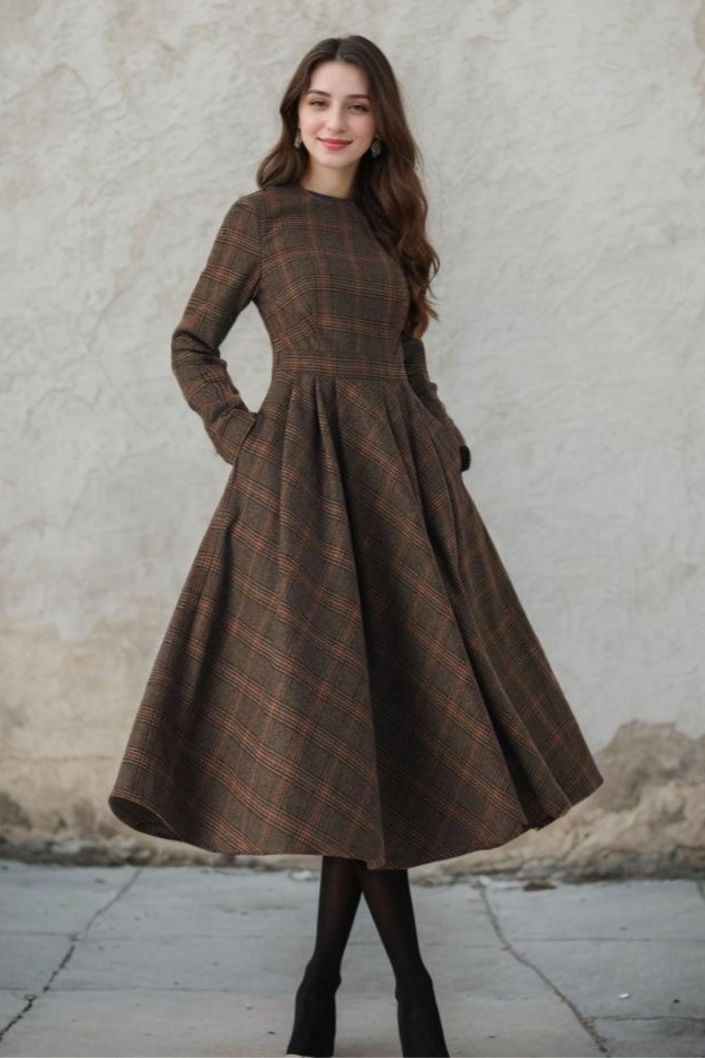 Long Sleeve Plaid Midi Wool Dress 5406