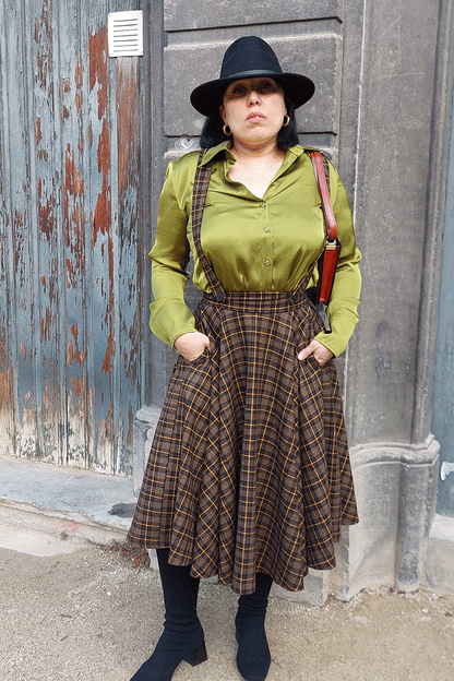 Brown Wool Plaid Midi Circle Skirt - Pleated, High Waist 4723
