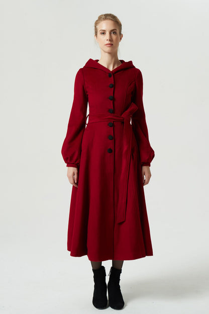 Burgundy Wool Coat Maxi Dress - Hooded, Lantern Sleeve, Tie Waist 1977