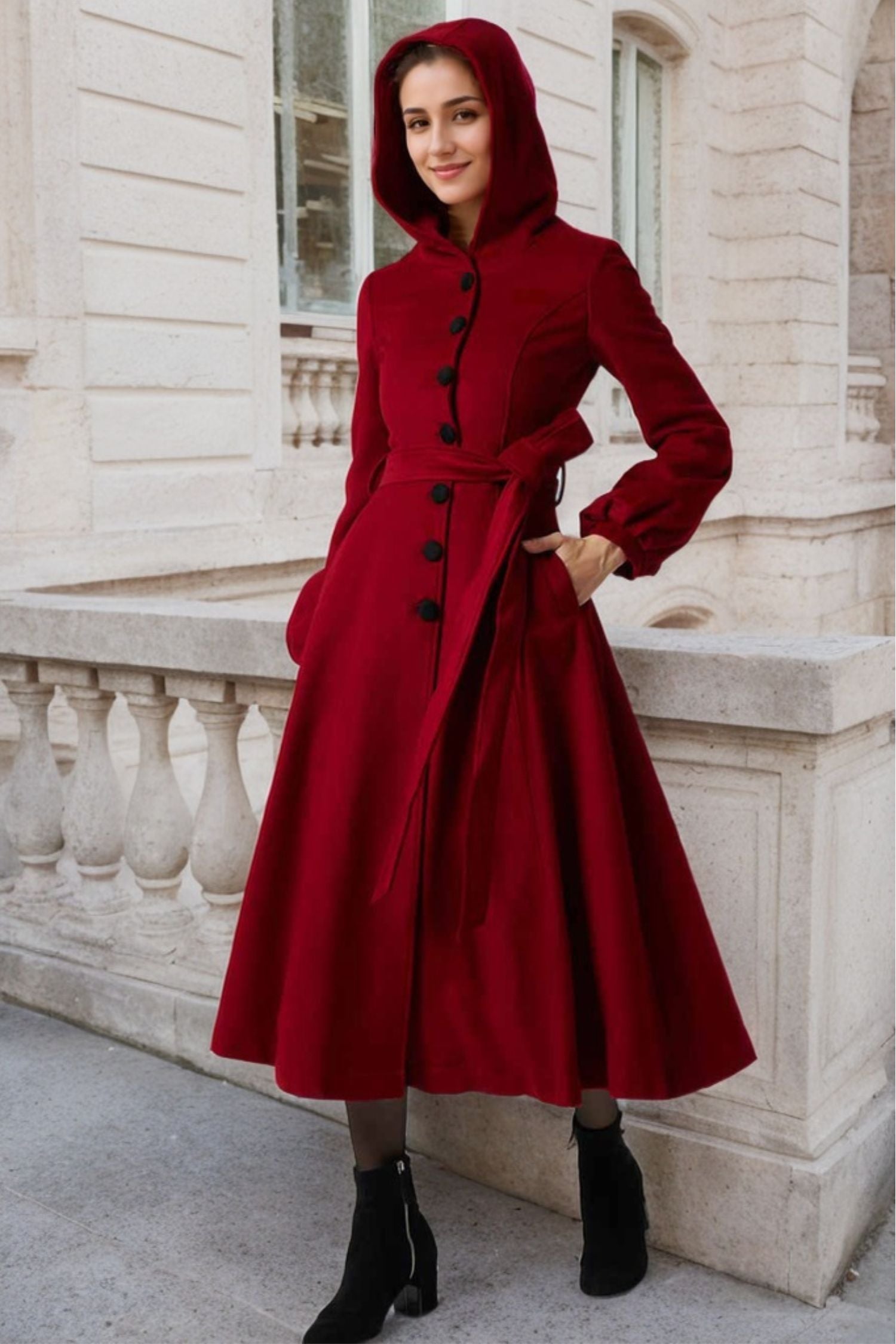 dress coat long Burgundy Wool Coat Maxi Dress with Hood and Lantern Sleeves Burgundy / S