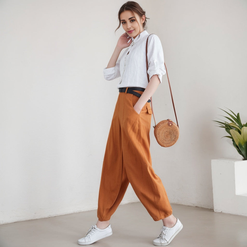 Caramel Linen Pants - Loose Fit Wide Leg Comfort 5904