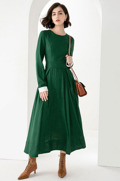 Emerald Green Linen Maxi Dress - Fitted Waist with Pleated Flare Skirt 3830