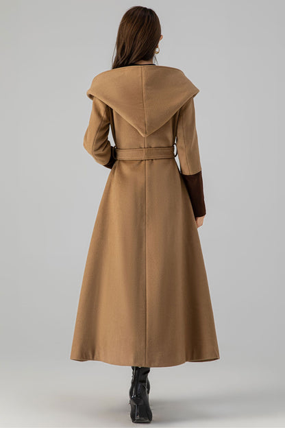 Camel Wool Trench Coat - Hooded, Two-Tone Contrast Cuffs 4505