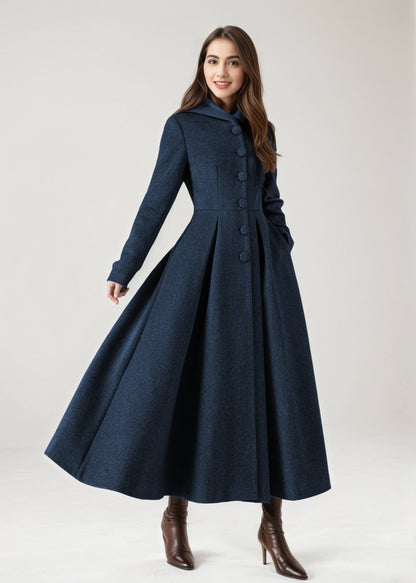 Burgundy Hooded Wool Maxi Coat – Vintage Swing Long Winter Overcoat 5242