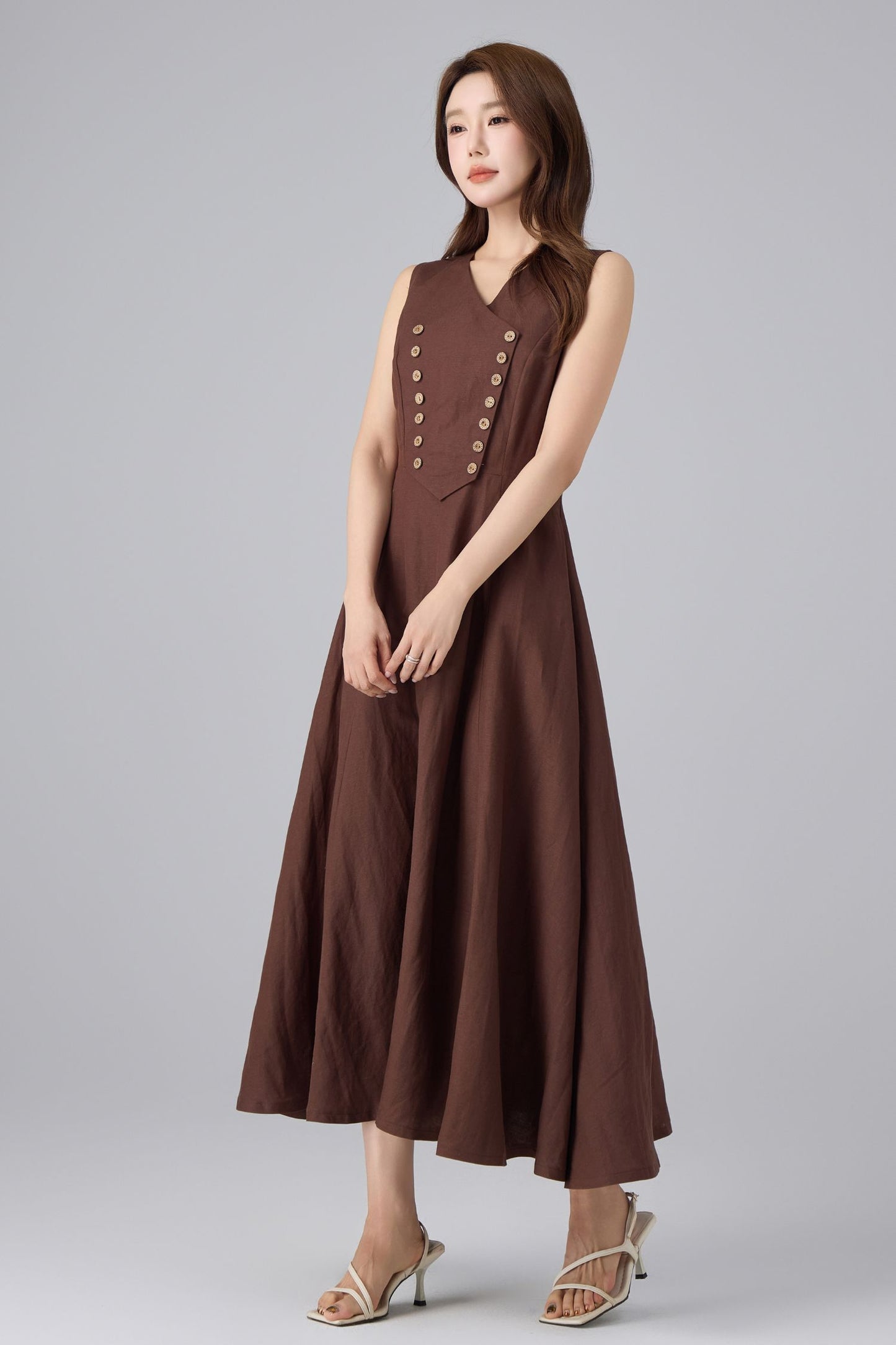 Brown Linen Pinafore Dress - V Neck A-Line Midi | Xiaolizi 6757