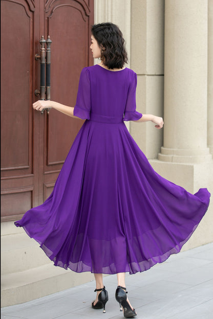 Purple Chiffon Maxi Dress - A-Line Silhouette with Flared Sleeves 5116