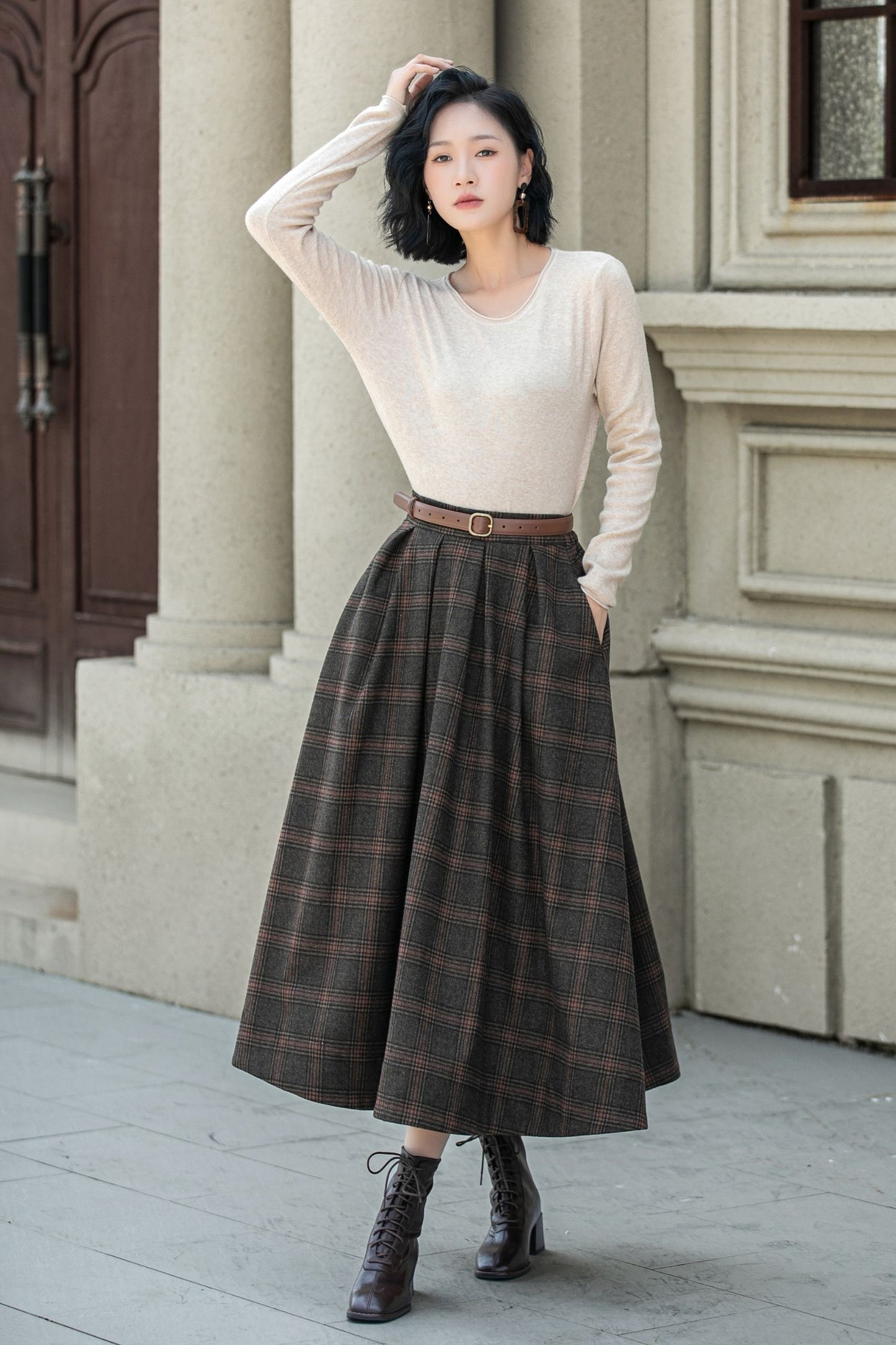 A line plaid midi winter wool skirt 5315