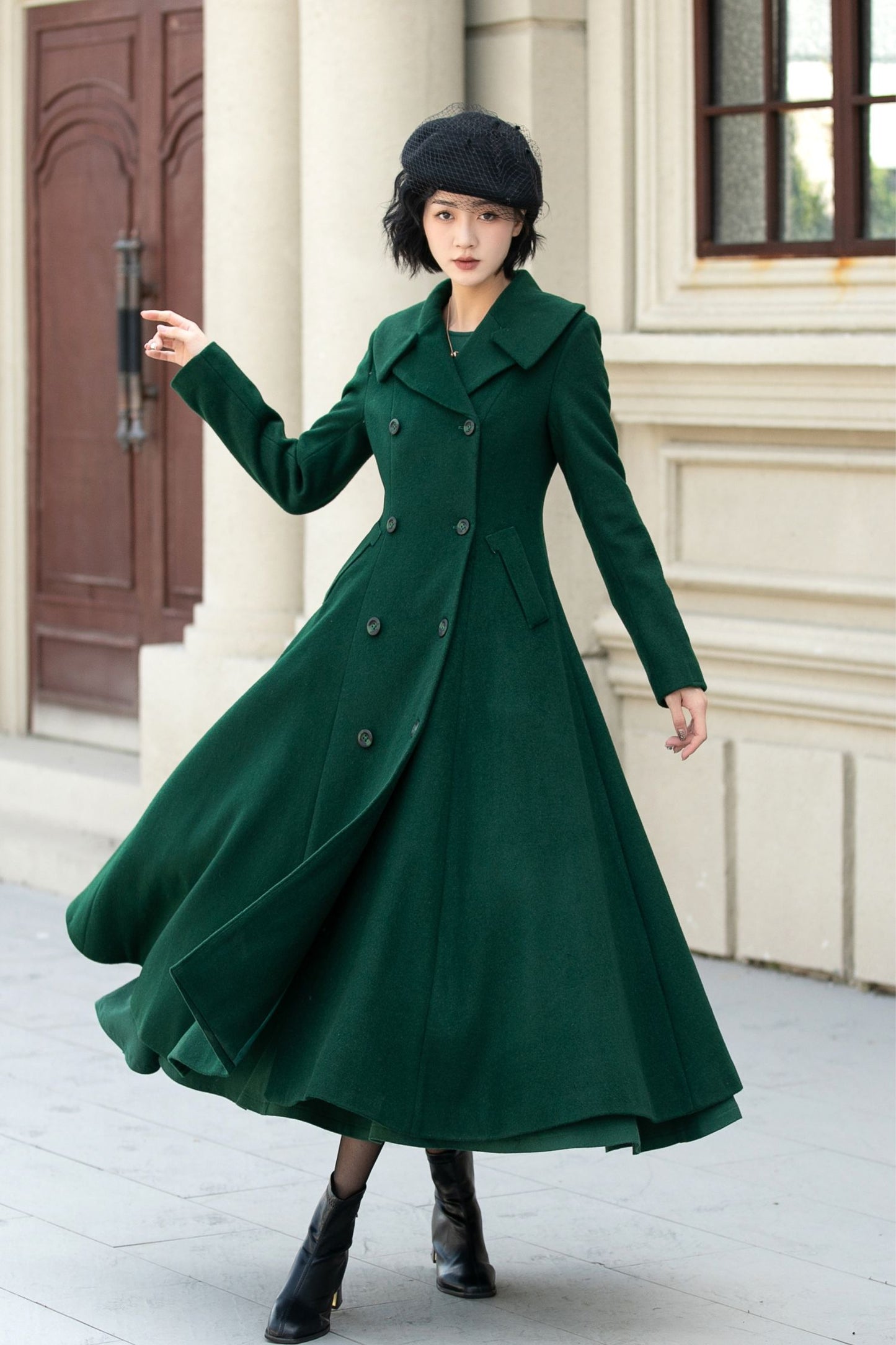 Green long double breasted winter wool coat 5452