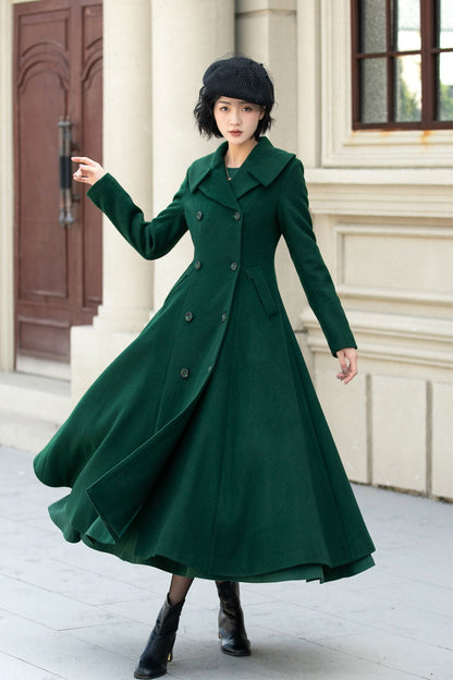 Elegant Winter Wool Coat – Dark Green Double Breasted A-Line – 5452
