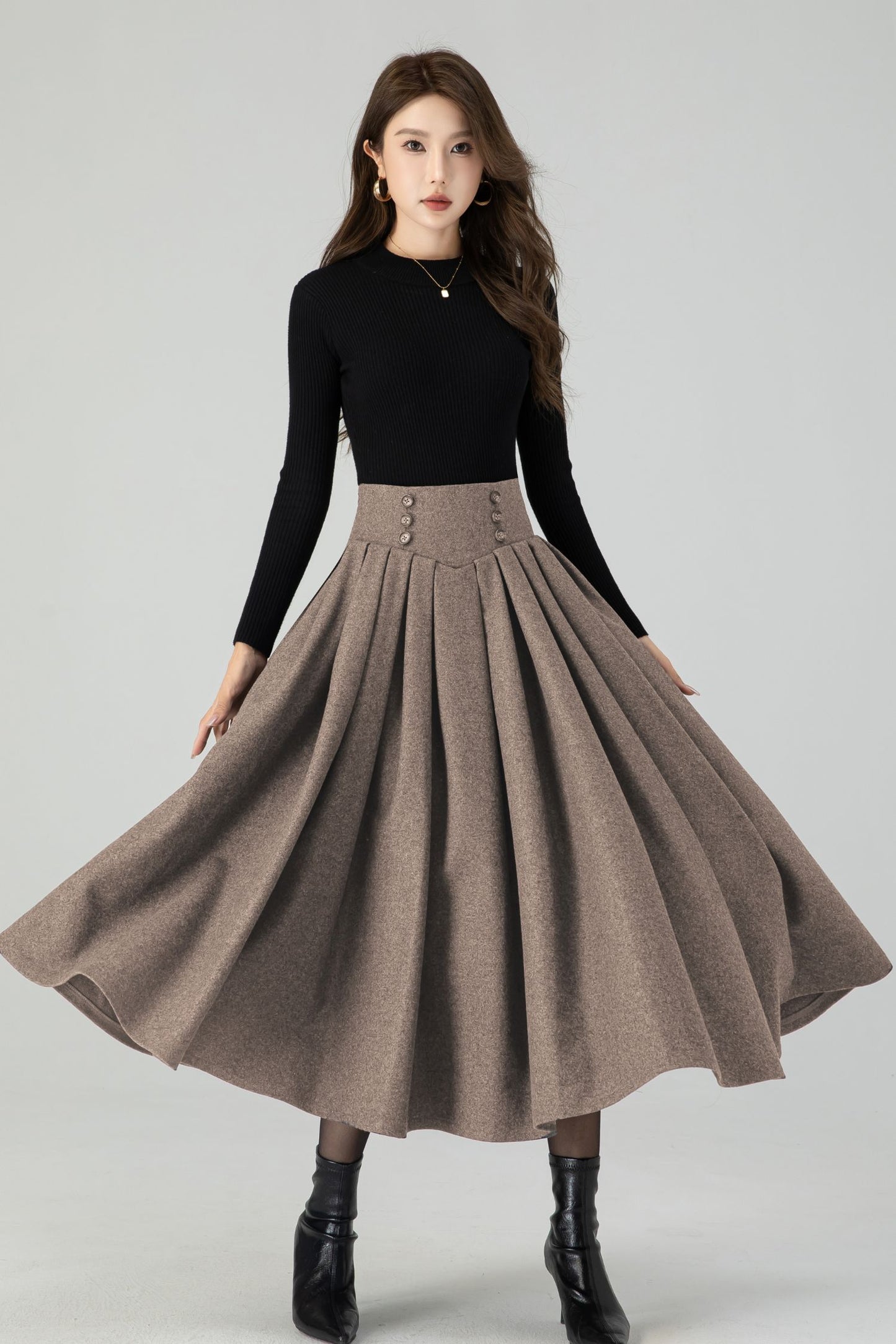 Vintage Wool Blend Pleated Midi Skirt – Handmade Swing Winter Skirt | Xiaolizi 5431