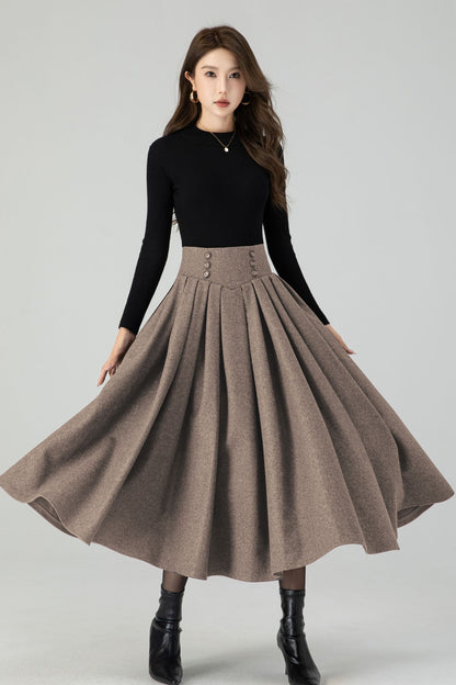 Vintage Wool Blend Pleated Midi Skirt – Handmade Swing Winter Skirt | Xiaolizi 5431