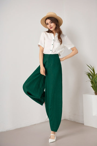Green Linen Wide Leg Pants - High Waisted, Tapered Silhouette 5902