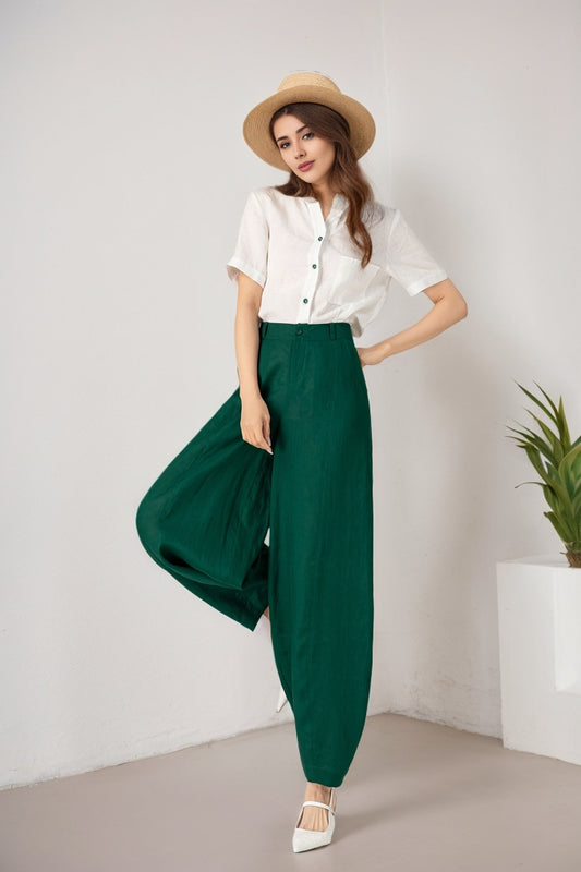 Long green Wide Leg Linen Pants 5902
