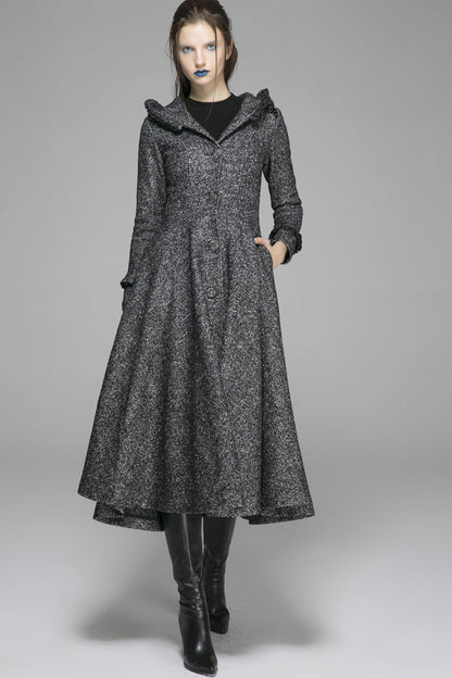 Gray Hooded Wool Maxi Coat – Gothic Ruffle Trim Winter Overcoat | Xiaolizi 1369