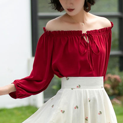 Red Linen Cotton Off-Shoulder Blouse - Ruffled Neckline, Lantern Sleeves 6058
