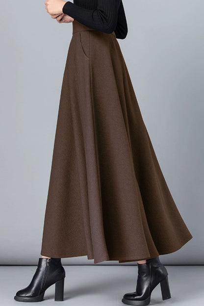 Brown a line maxi wool skirt women 6209