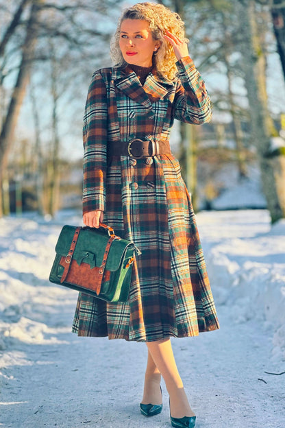 Autumn Forest Plaid Wool Coat – Vintage Fit and Flare Long Winter Overcoat 4807