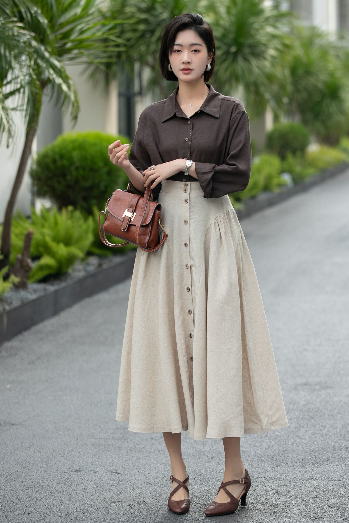 Beige Linen Midi Skirt – High Waist A-Line Button Front Skirt 6666