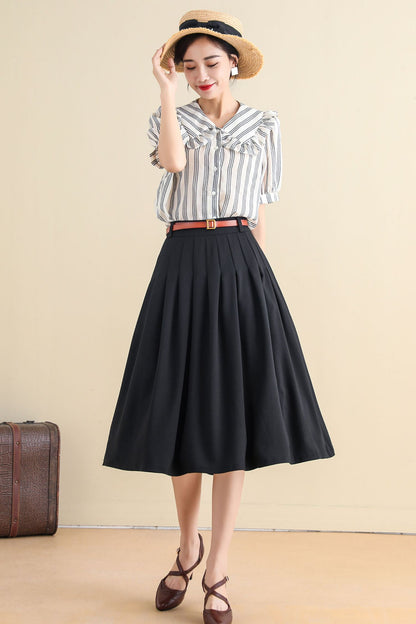 Black Linen Cotton Midi Circle Skirt - Pleated A-Line with Pockets 2785