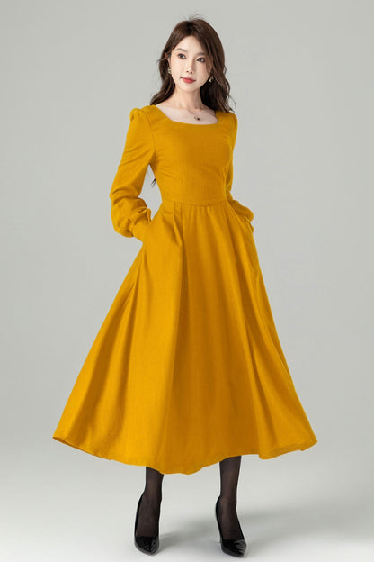Vintage Wool Midi Dress – Dark Green A-Line Silhouette – 5236