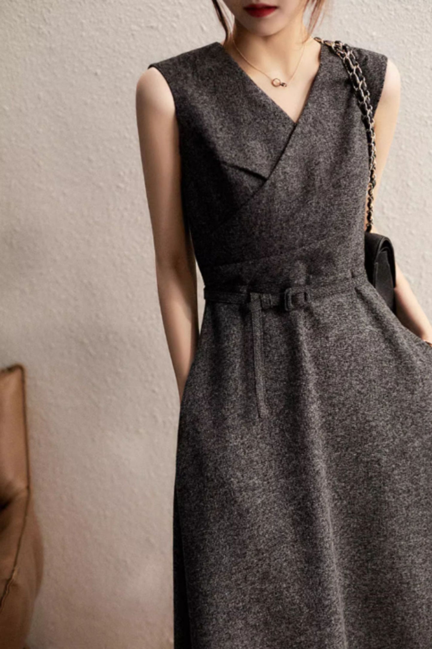 Gray sleeveless winter wool dress women 5277