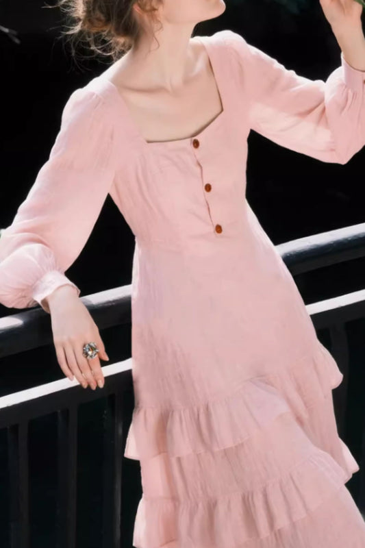 Pink Linen Midi Dress – Romantic Square Neck Button Front Summer Dress | Xiaolizi 6639