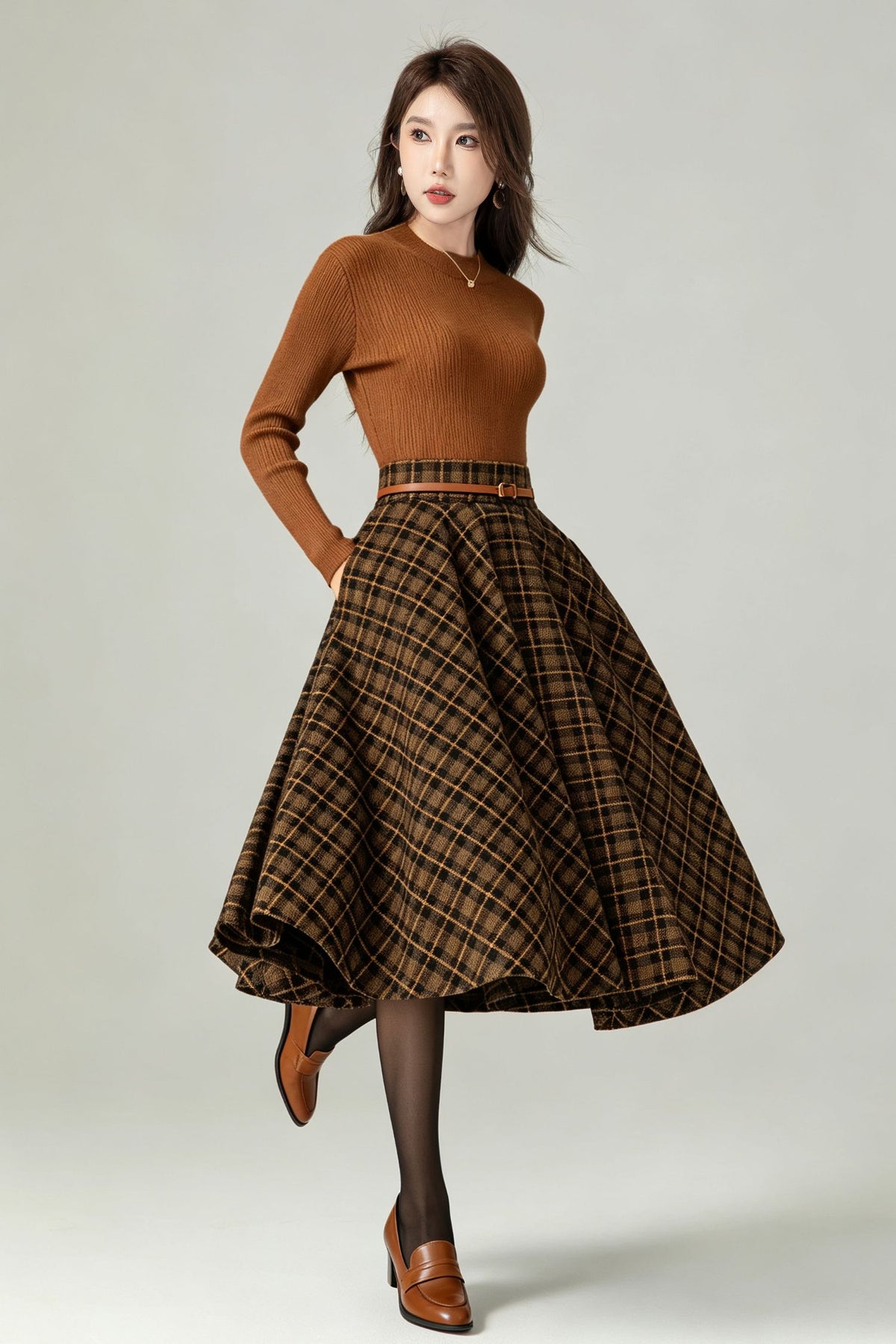 Vintage Brown Plaid Wool Swing Midi Skirt-High Waist Flared Skirt with Pockets 7013