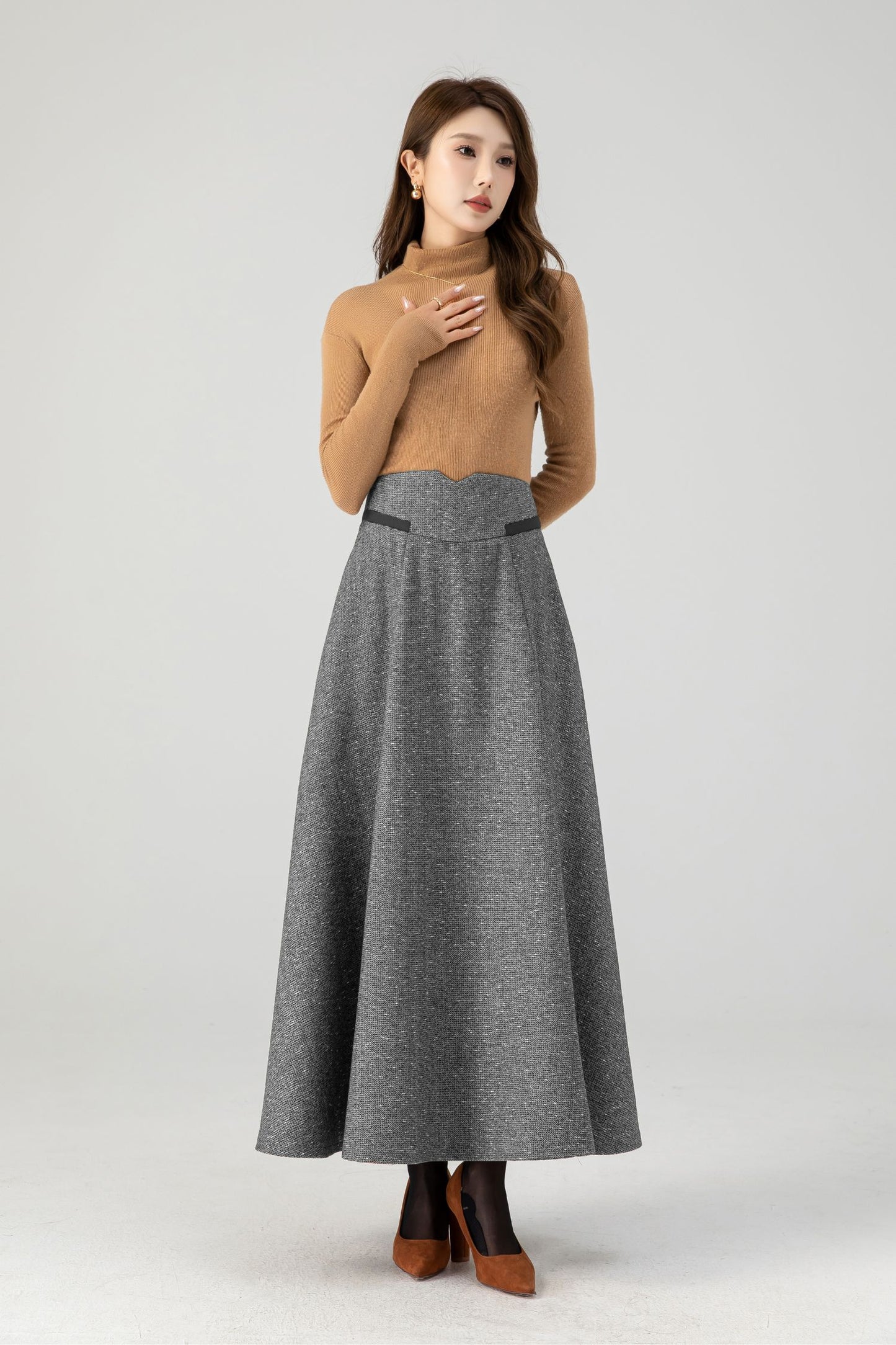 Grey Wool Blend Maxi Skirt With Flared A-Line Shape | Xiaolizi 5388