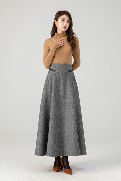 Grey Wool Blend Maxi Skirt With Flared A-Line Shape | Xiaolizi 5388