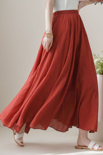 Beige Linen Cotton Maxi Skirt - Circle Swing Pleated | Xiaolizi 5134