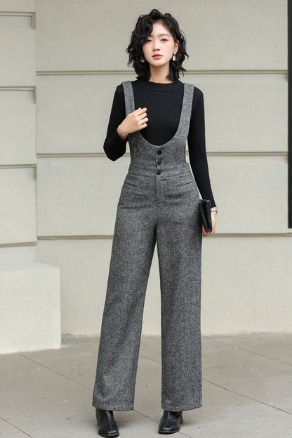 Gray Wool Suspender Pants - Tailored Wide Leg Elegance 6428