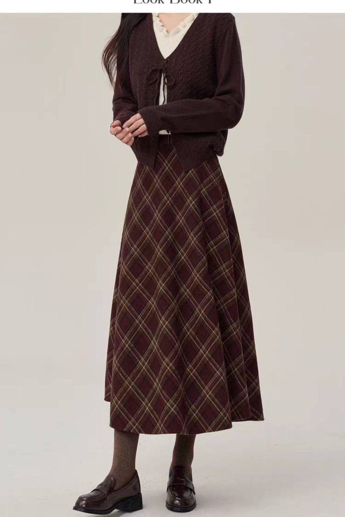 Burgundy Plaid  Wool Blend Midi Skirt -High Waist Retro Fall Winter Skirt 7024