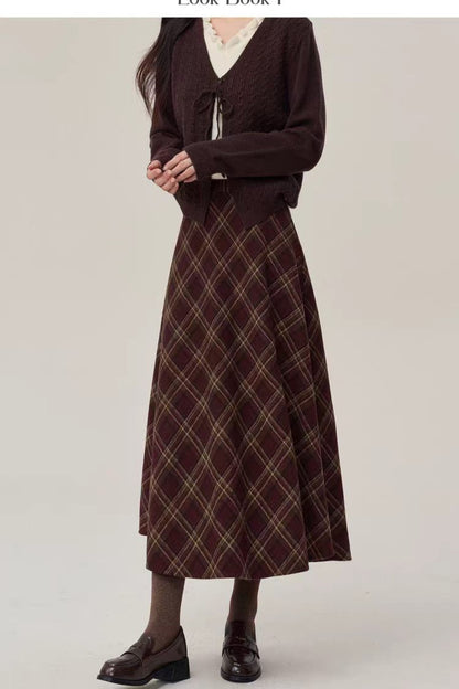 Burgundy Plaid  Wool Blend Midi Skirt -High Waist Retro Fall Winter Skirt 7024