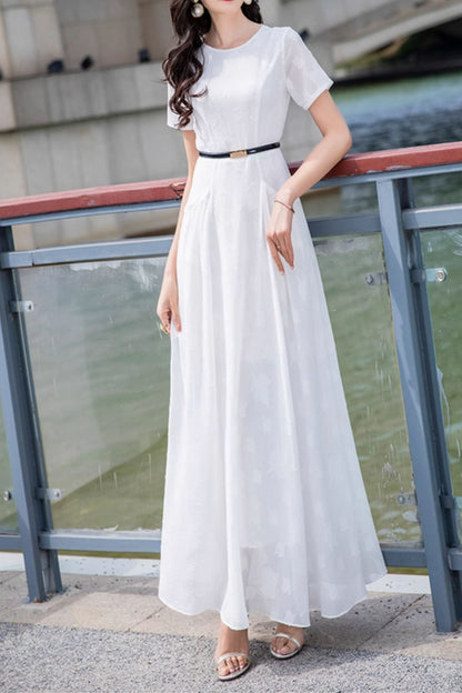 White Polyester Maxi Dress - Fitted Waist with Pockets 5034