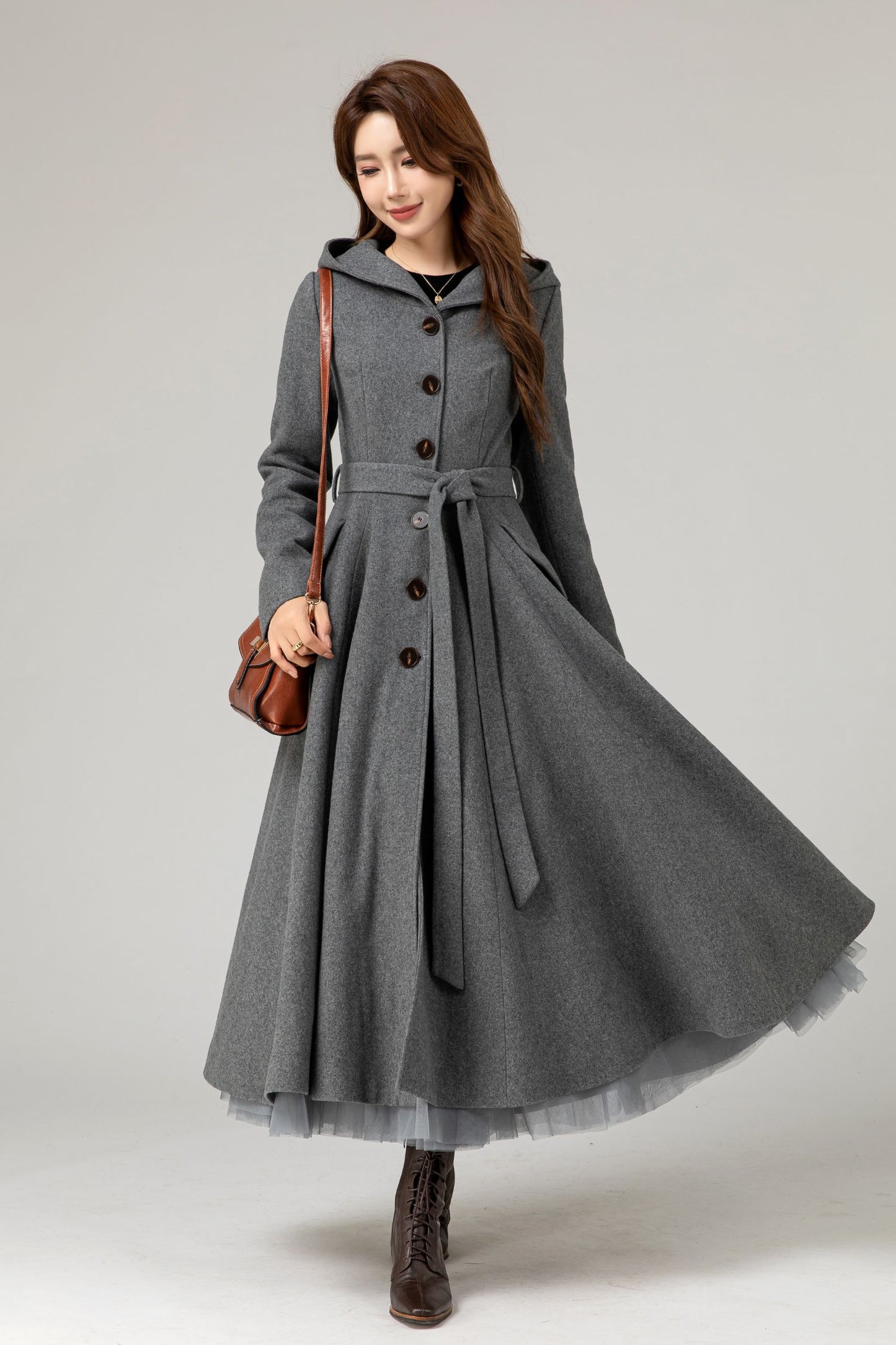 Hooded tie blet gray long winter wool coat 5481