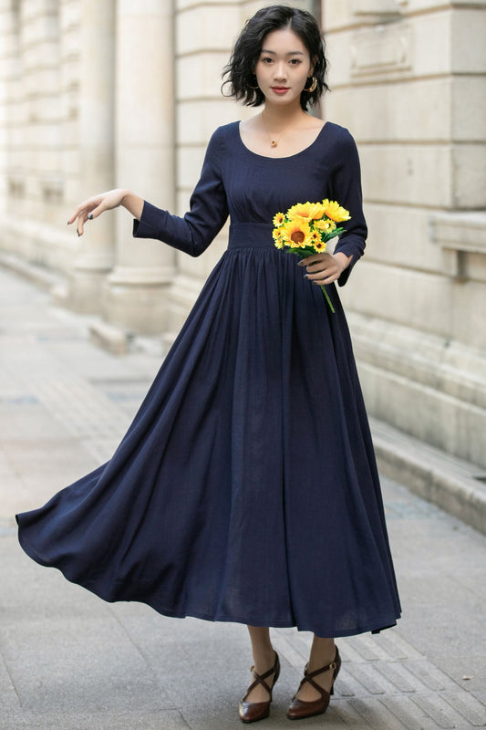 Navy Blue Maxi Linen Dress women 5683