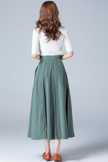 Green Linen Maxi Skirt - A-Line with Button Detail 1775