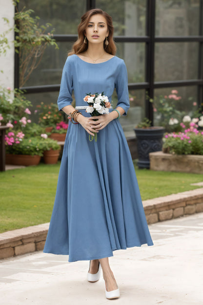 Light Blue Linen Midi Dress – Handmade Fit & Flare Garden Party Dress with Pockets | Xiaolizi 6734