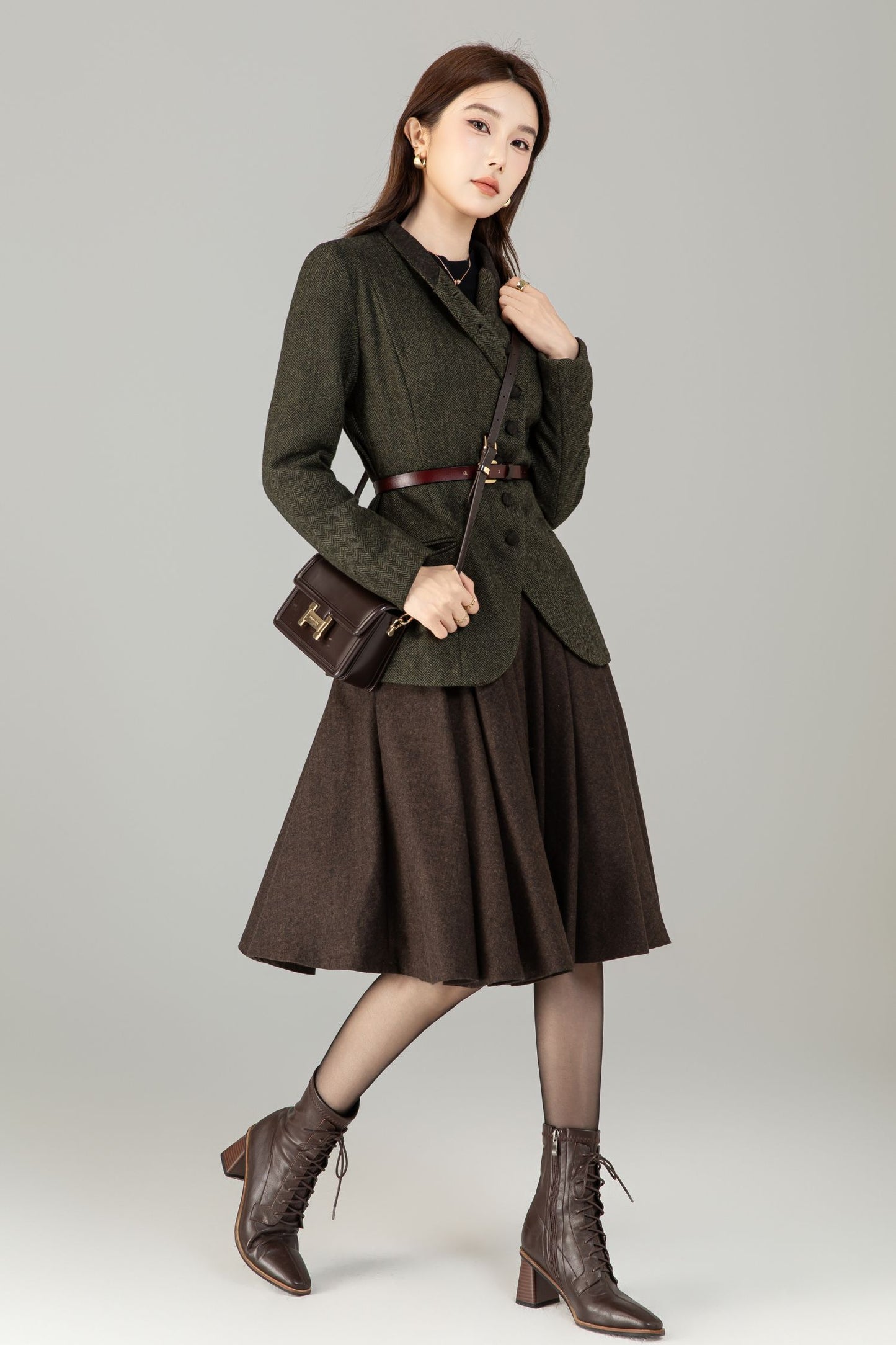 Handmade Wool Blend Herringbone Jacket – Vintage Short Coat | Xiaolizi 6496