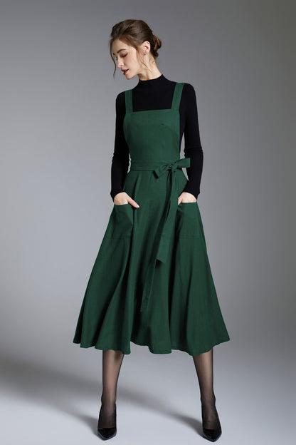 Green Linen Pinafore Dress – Handmade Midi Apron Dress 6673